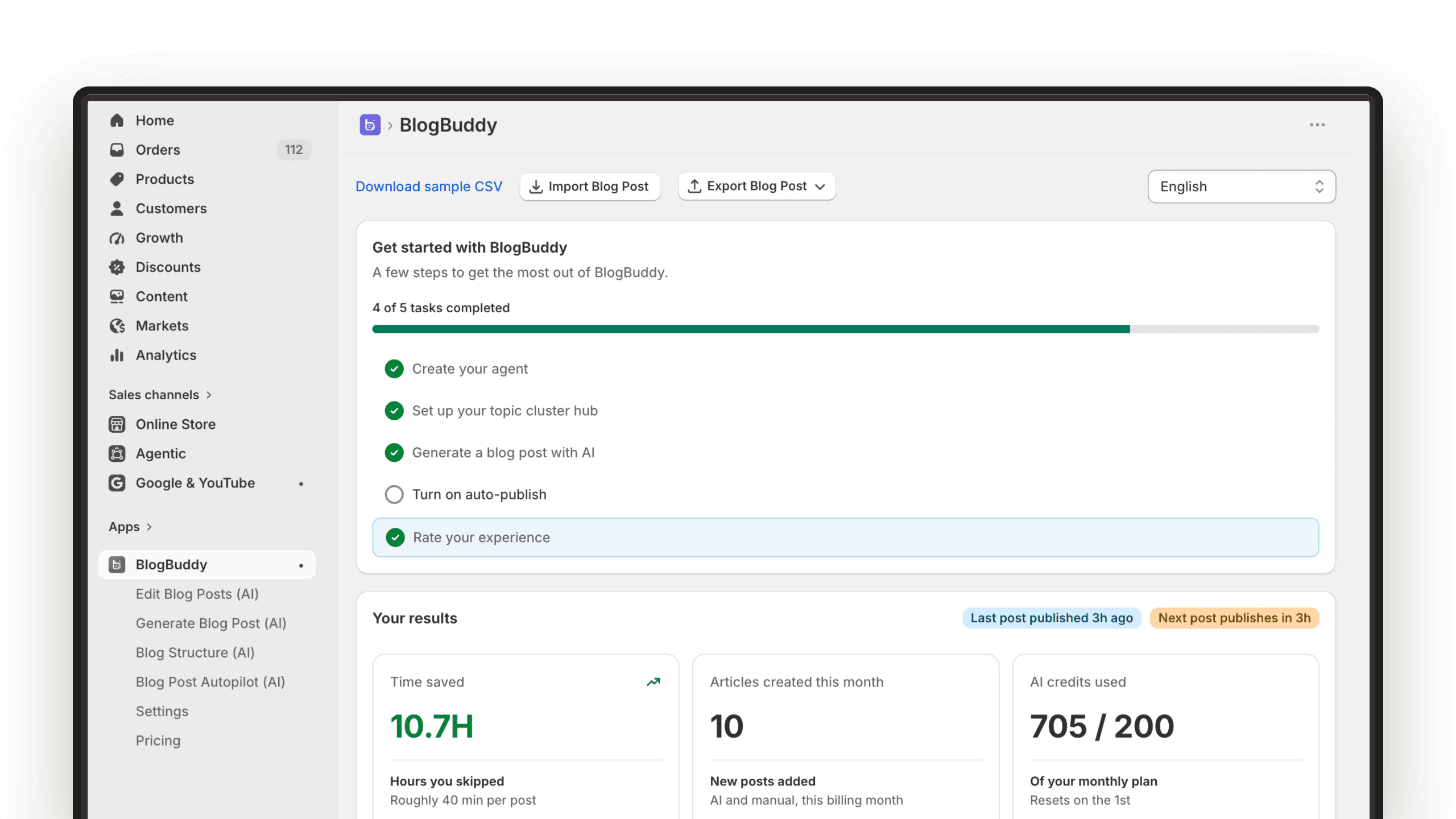 BlogBuddy dashboard inside the Shopify admin