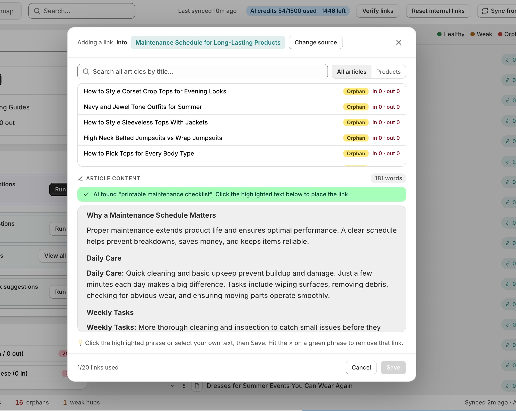 Placing an internal link with the manual builder